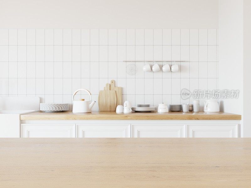 空桌子，木质表面，用于展示您的产品。背景是厨房柜台上的菜。3 d演示。